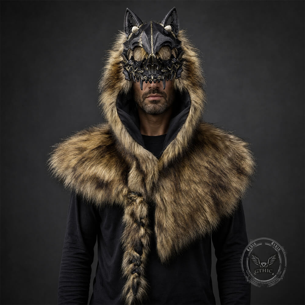 Medieval Viking Fake Wolf Skin Skull Hooded Cape | Gthic.com