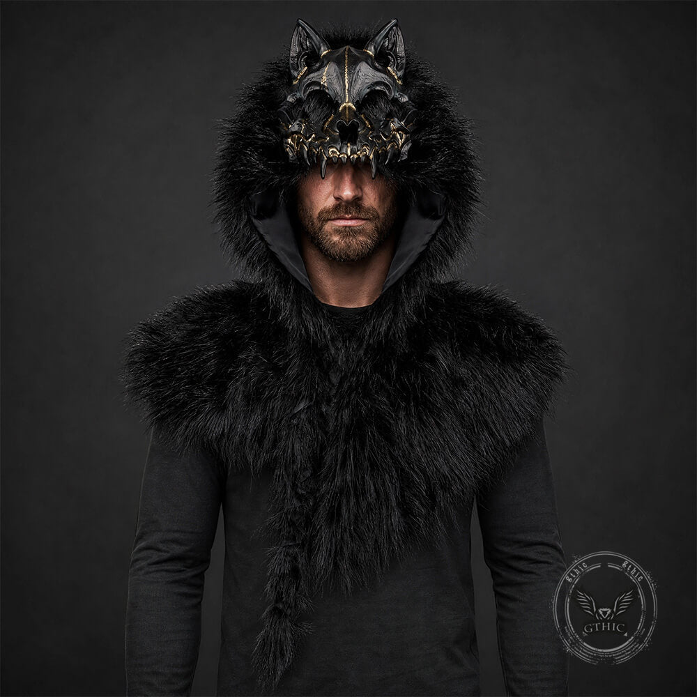 Medieval Viking Fake Wolf Skin Skull Hooded Cape | Gthic.com
