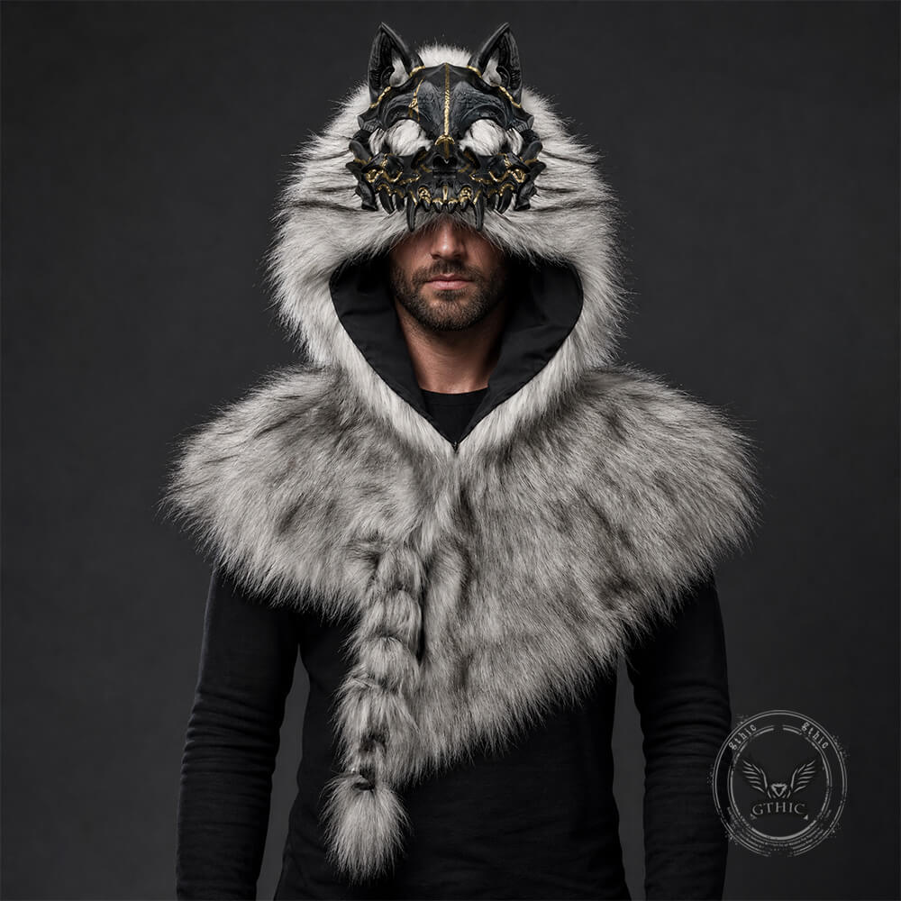 Medieval Viking Fake Wolf Skin Skull Hooded Cape