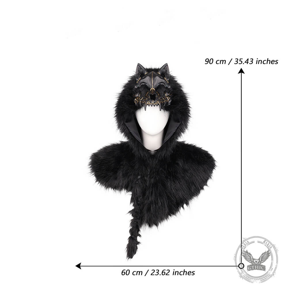 Medieval Viking Fake Wolf Skin Skull Hooded Cape