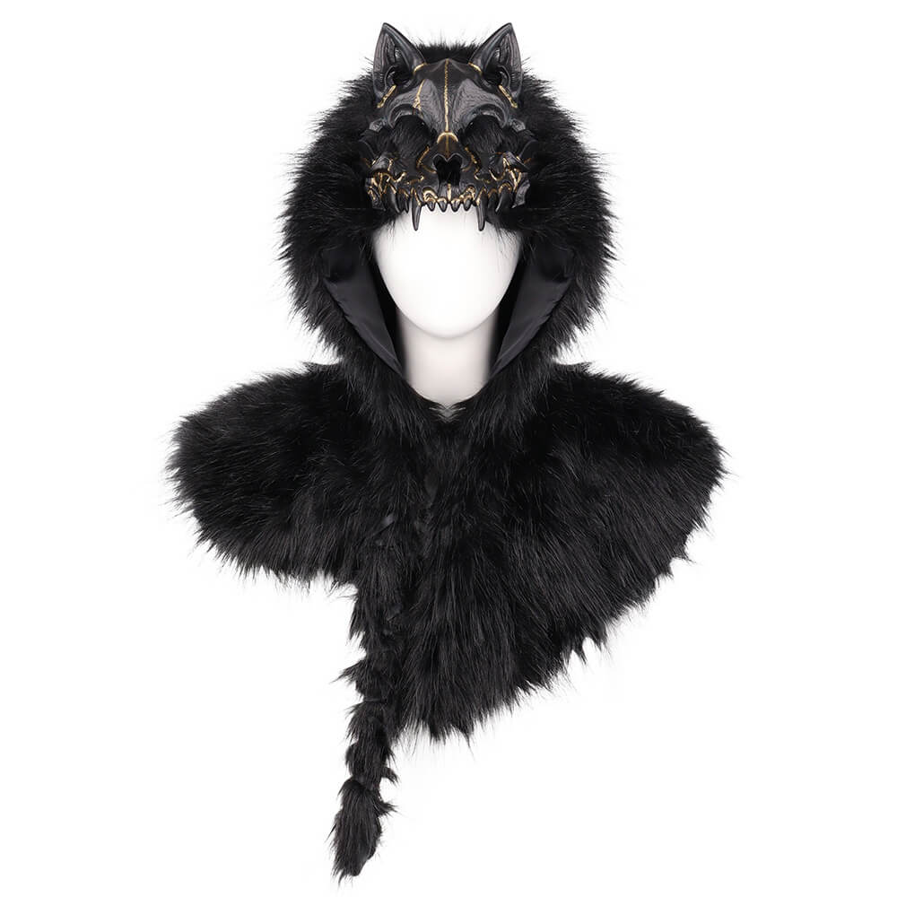 Medieval Viking Fake Wolf Skin Skull Hooded Cape