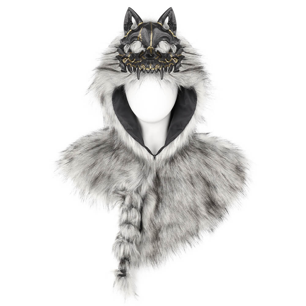 Medieval Viking Fake Wolf Skin Skull Hooded Cape