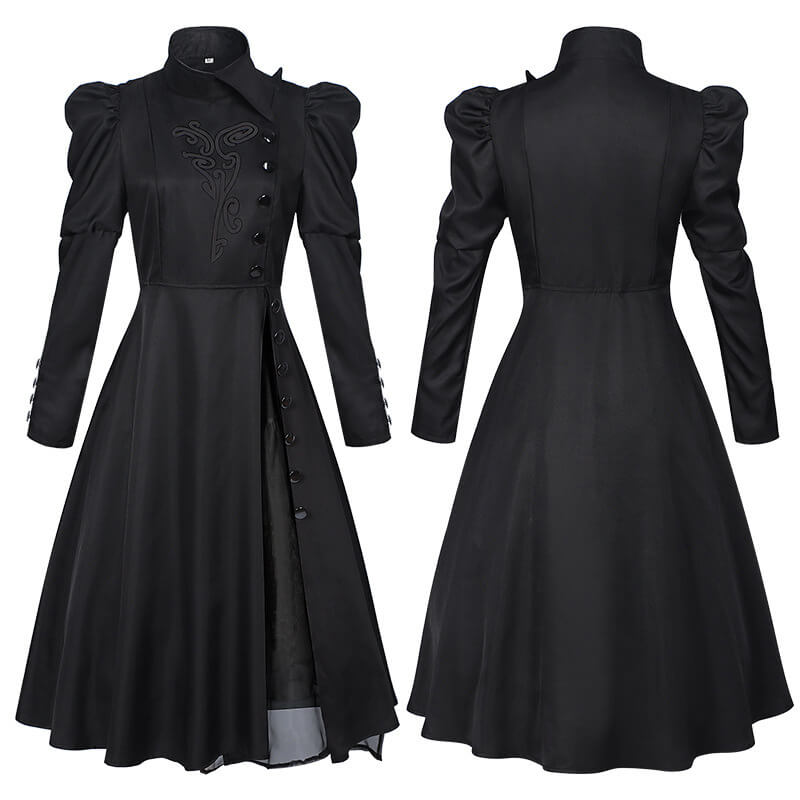 Medieval Witch Floral Pattern Stand Collar Dress 01 | Gthic.com