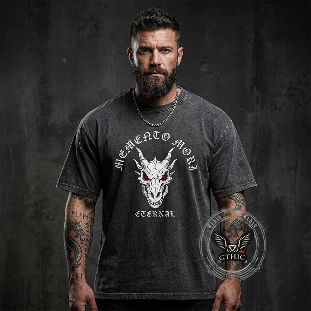 Memento Mori Dragon Skull Vintage Washed T-shirt | Gthic.com
