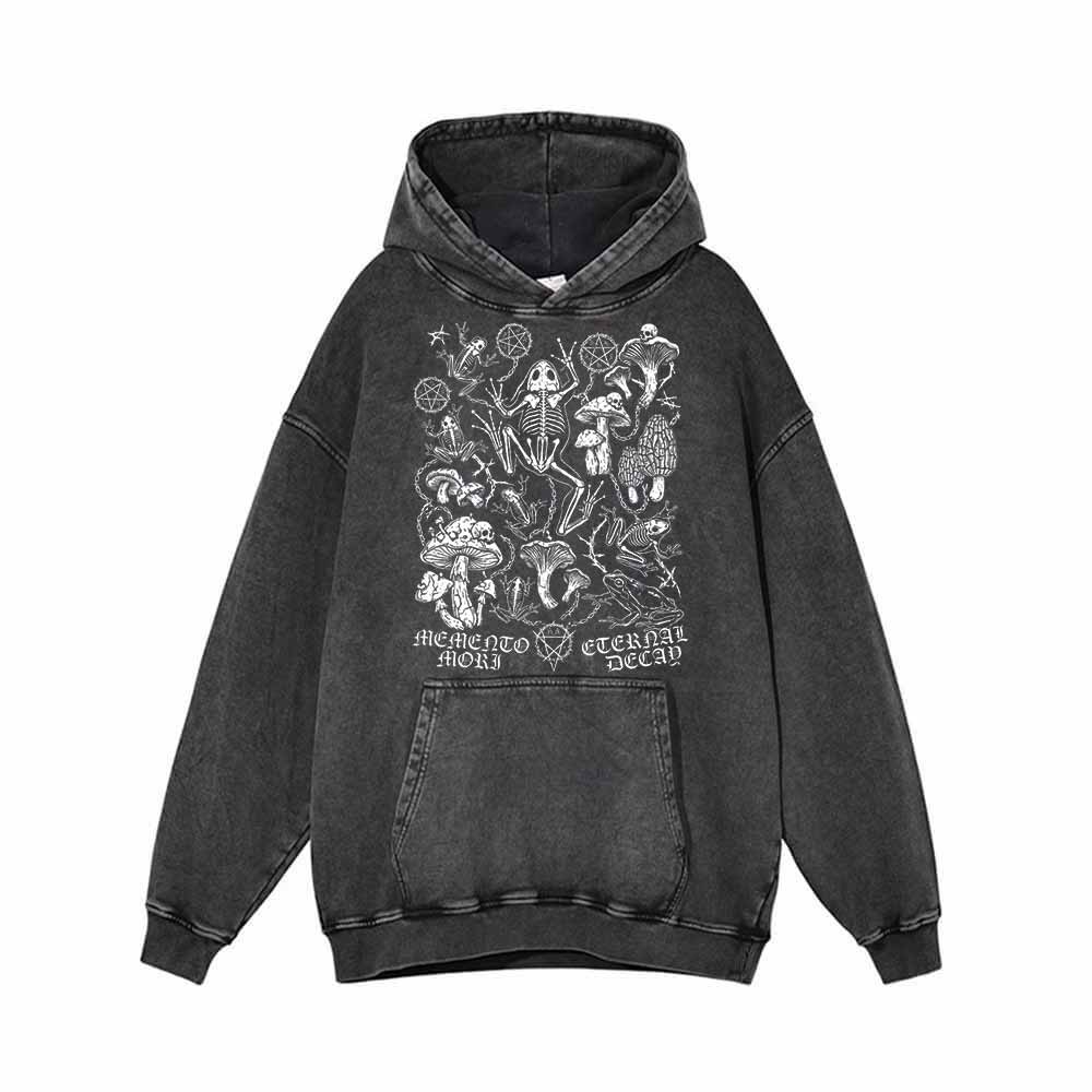 Memento Mori Frog Skeleton Mushroom Vintage Washed Hoodie | Gthic.com