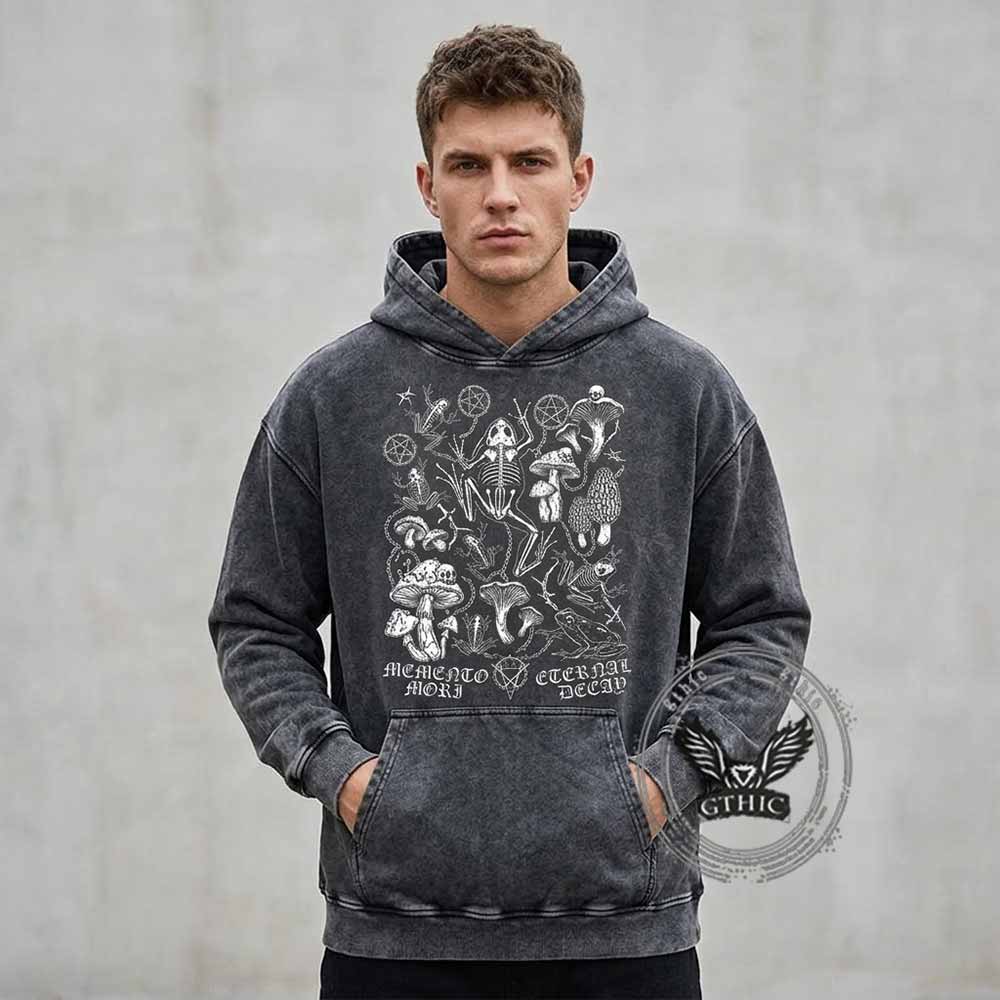 Memento Mori Frog Skeleton Mushroom Vintage Washed Hoodie | Gthic.com