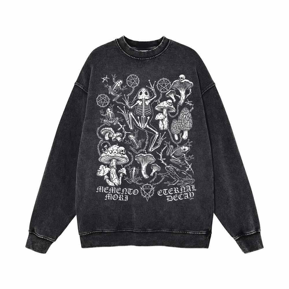 Memento Mori Frog Skeleton Mushroom Vintage Washed Sweatshirt | Gthic.com