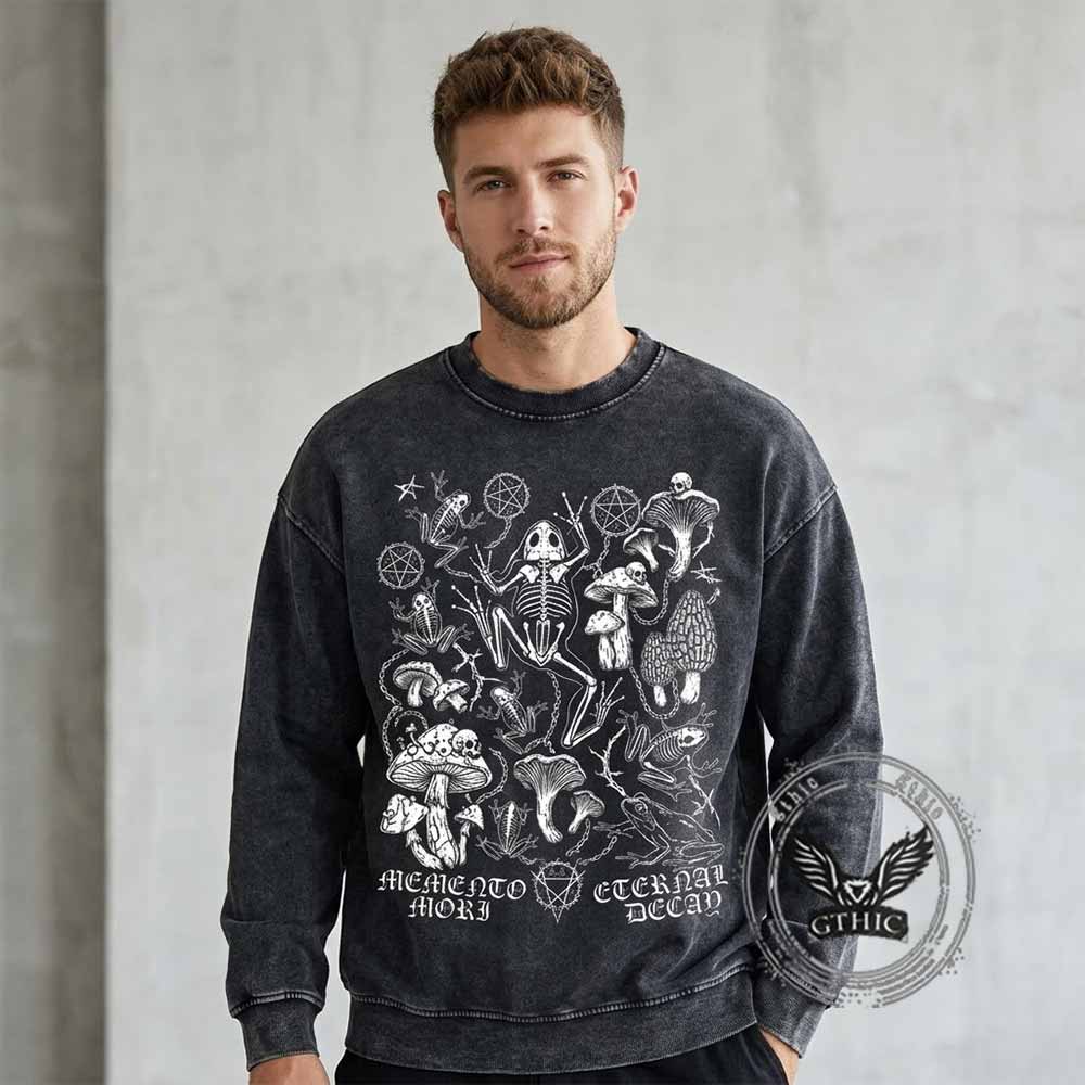 Memento Mori Frog Skeleton Mushroom Vintage Washed Sweatshirt | Gthic.com