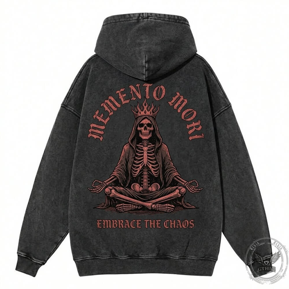Memento Mori Meditating Skeleton Vintage Washed Hoodie | Gthic.com