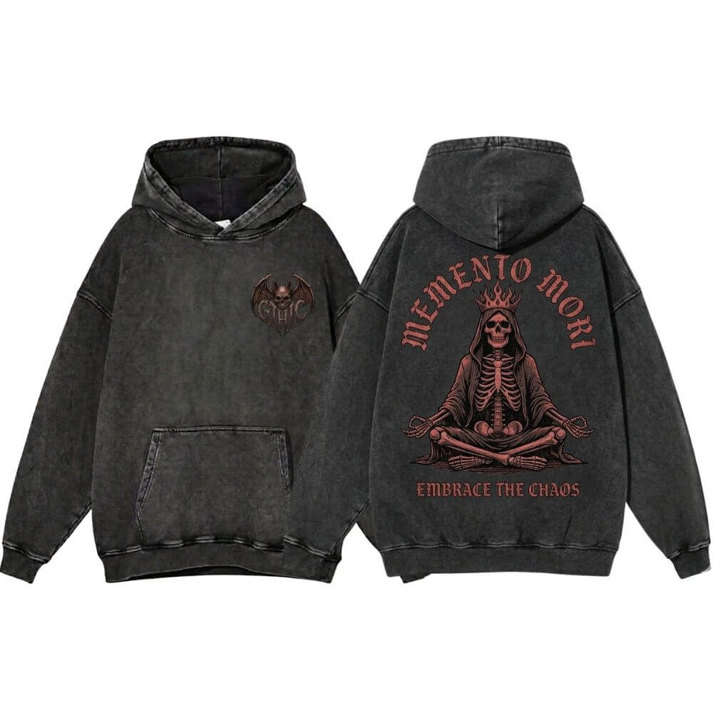 Memento Mori Meditating Skeleton Vintage Washed Hoodie | Gthic.com
