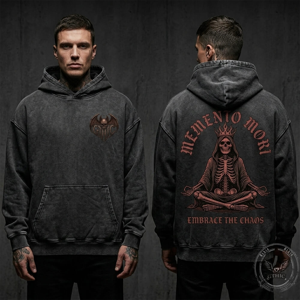 Memento Mori Meditating Skeleton Vintage Washed Hoodie | Gthic.com