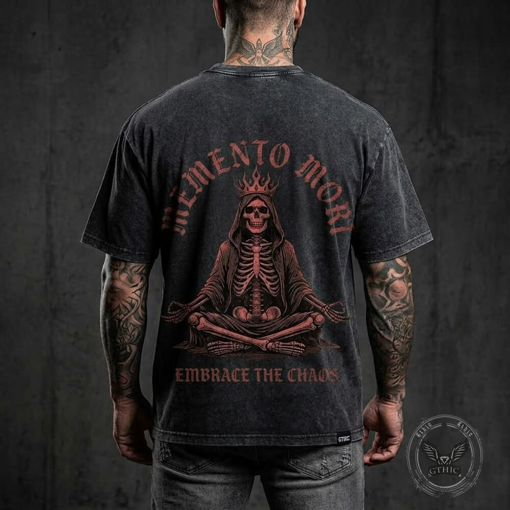 Memento Mori Meditating Skeleton Vintage Washed T-shirt | Gthic.com