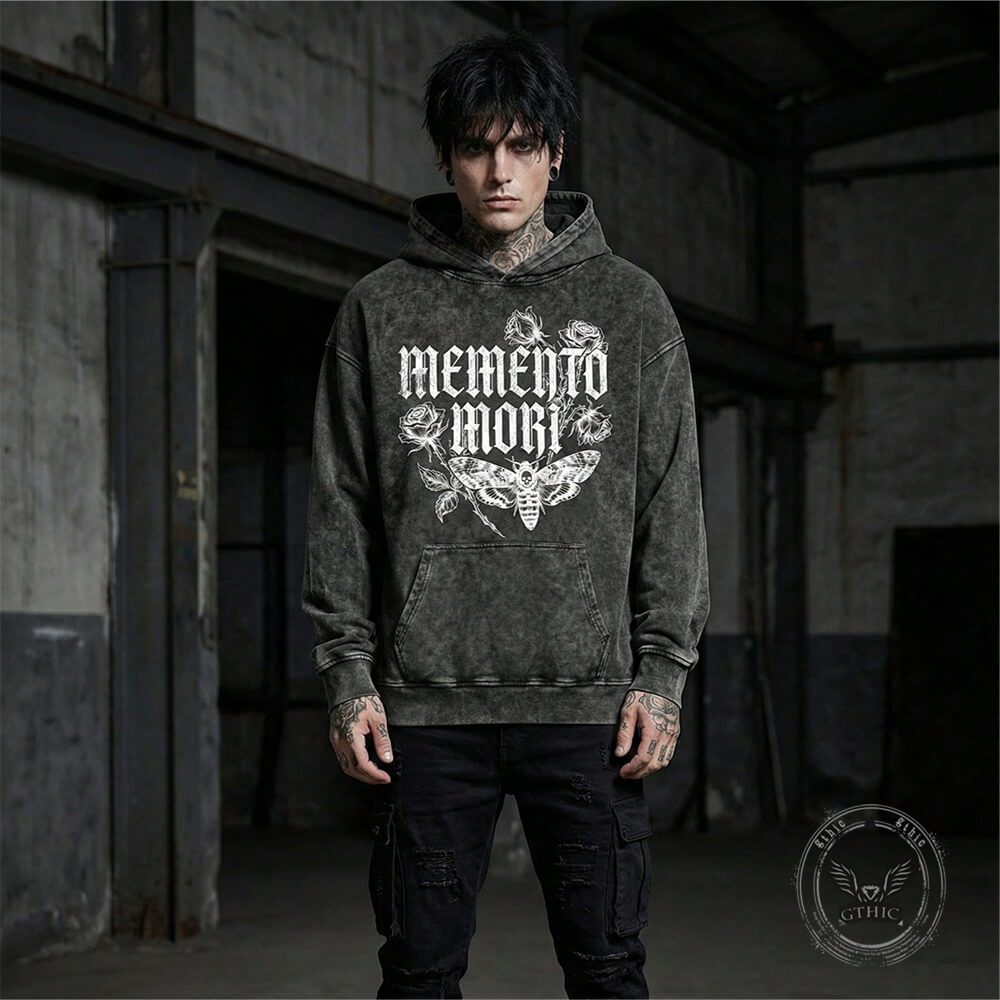 Memento Mori Rose Moth Vintage Washed Hoodie | Gthic.com