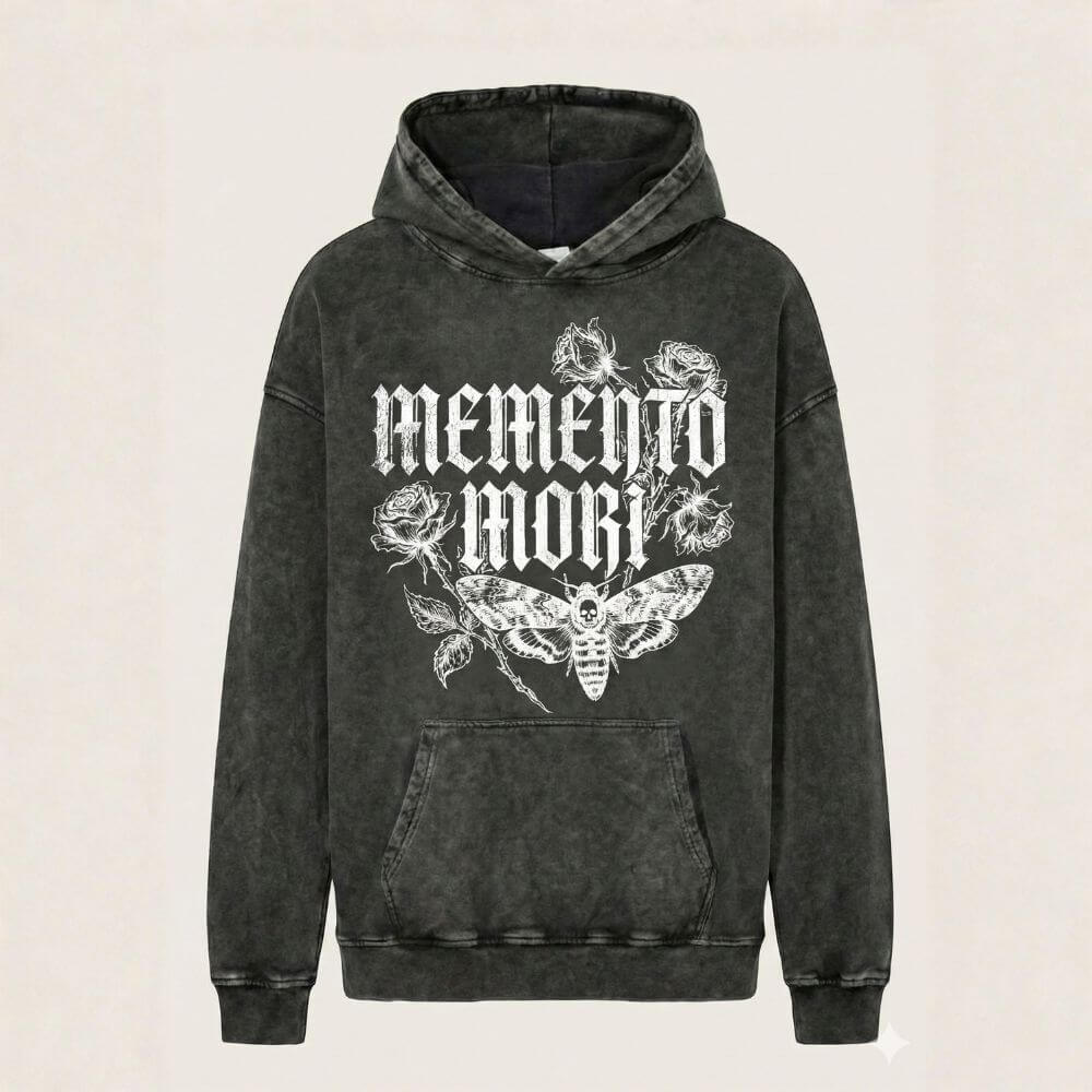 Memento Mori Rose Moth Vintage Washed Hoodie | Gthic.com