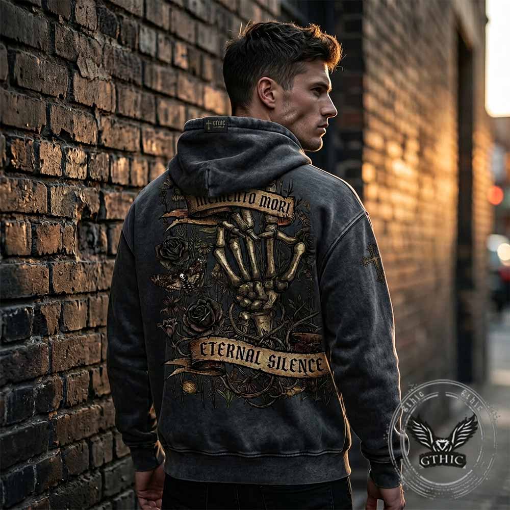Memento Mori Skeleton Hand Rose Vintage Washed Hoodie | Gthic.com