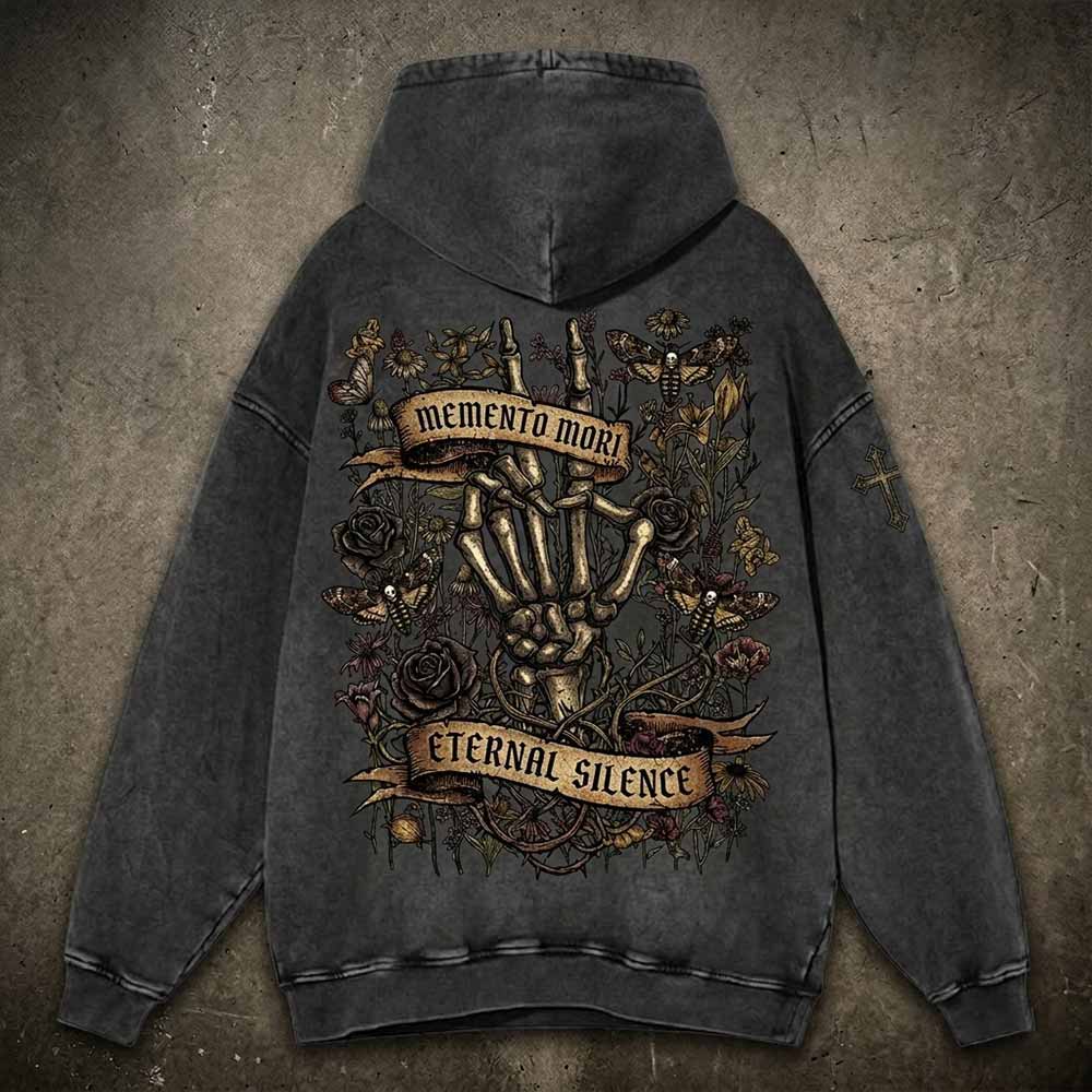 Memento Mori Skeleton Hand Rose Vintage Washed Hoodie | Gthic.com