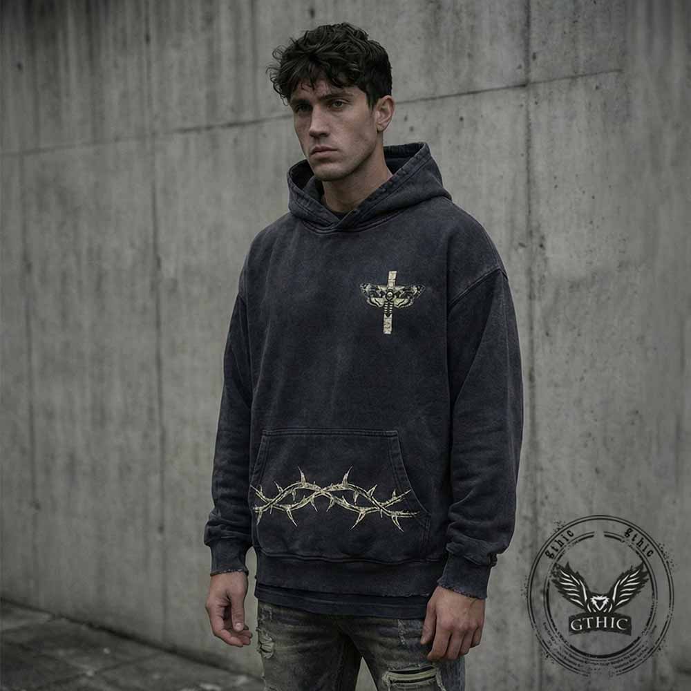 Memento Mori Skull Moth Cross Vintage Washed Hoodie | Gthic.com