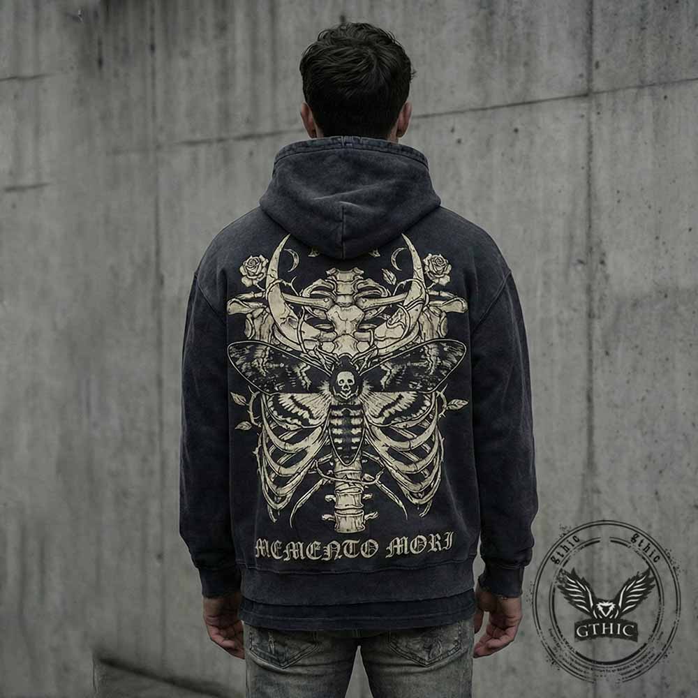 Memento Mori Skull Moth Cross Vintage Washed Hoodie | Gthic.com