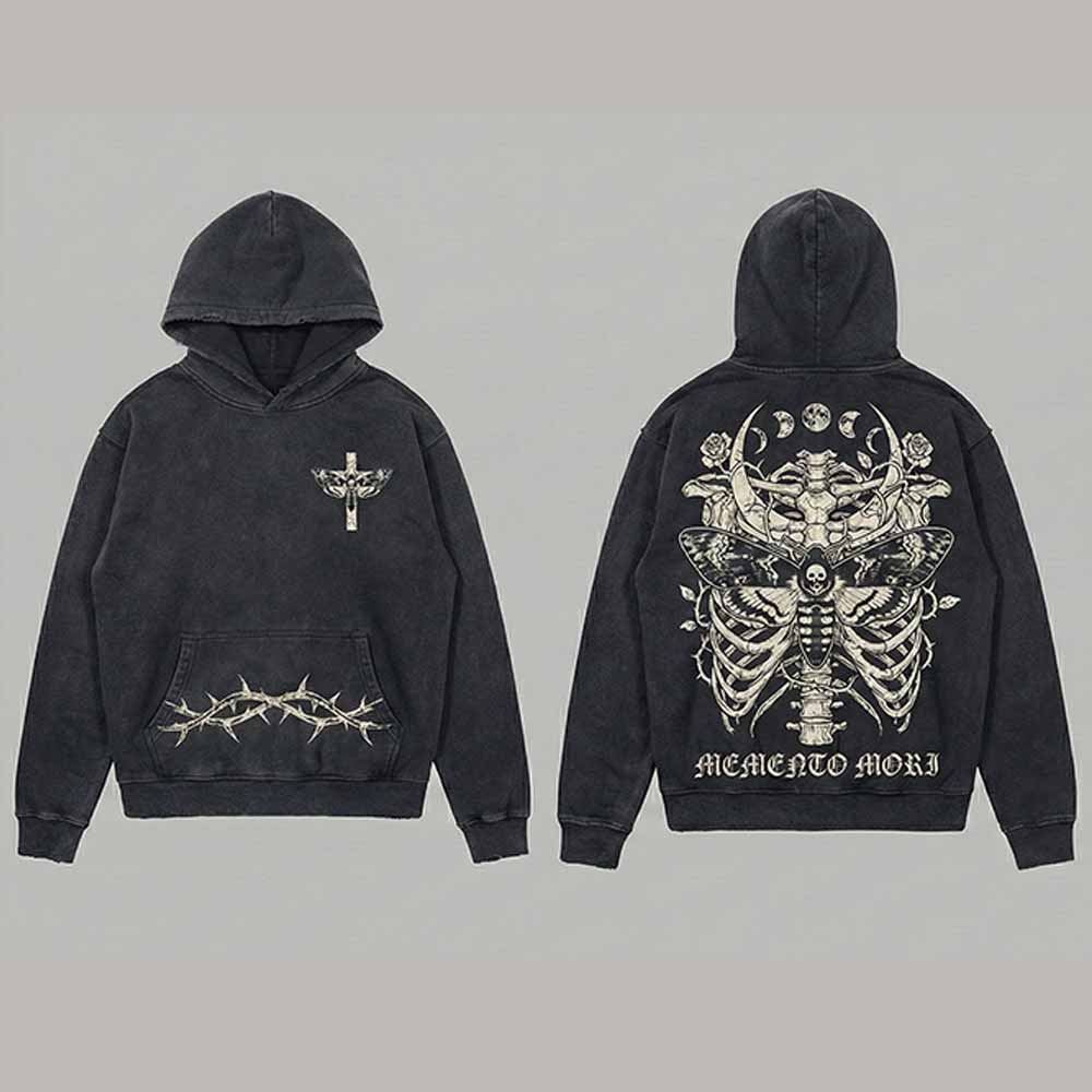 Memento Mori Skull Moth Cross Vintage Washed Hoodie | Gthic.com