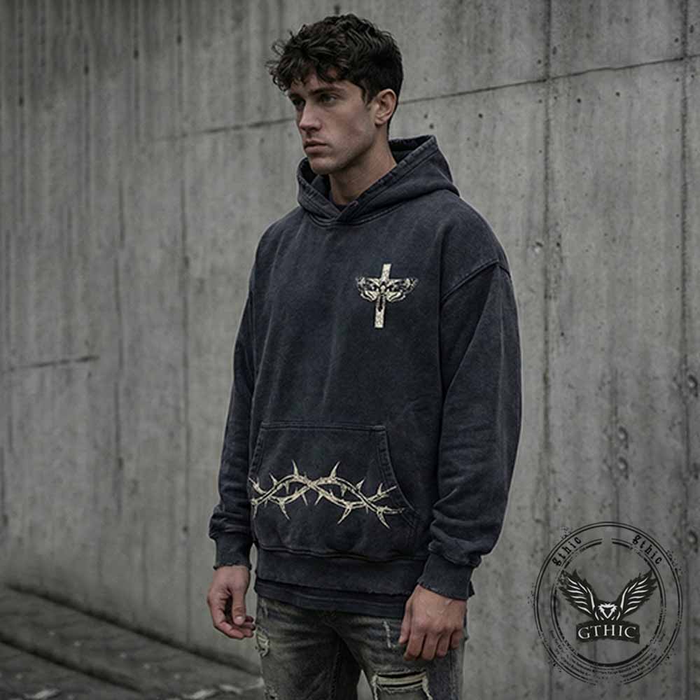 Memento Mori Skull Moth Cross Vintage Washed Hoodie | Gthic.com