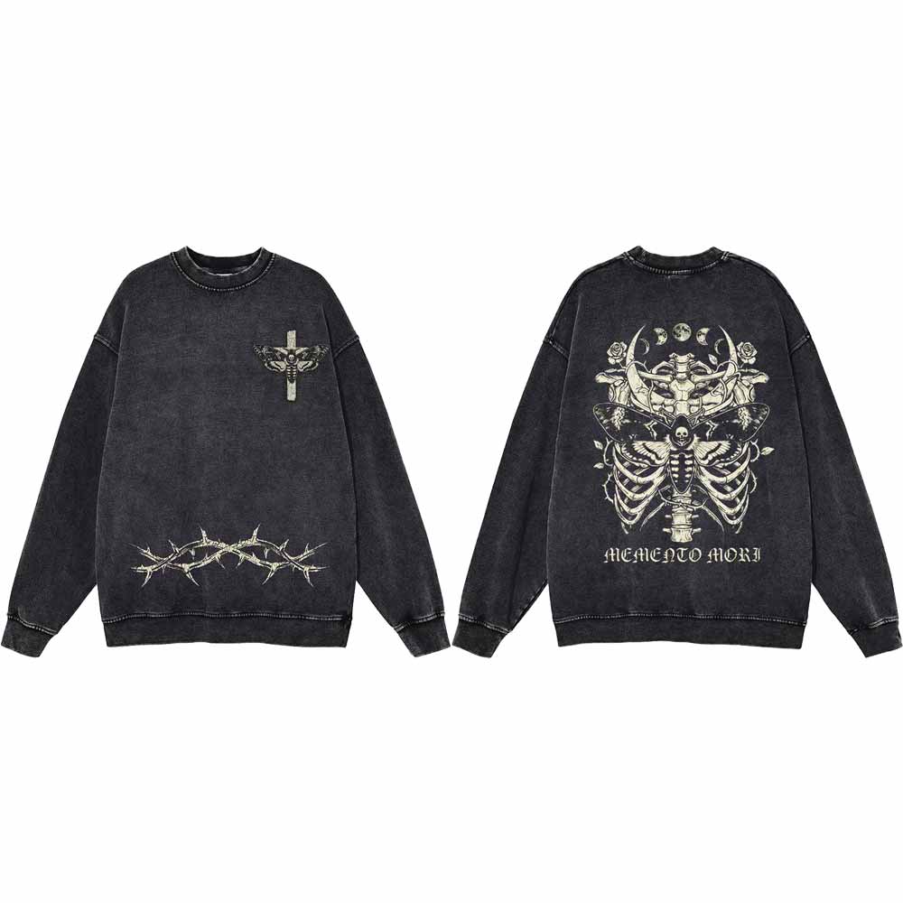 Memento Mori Skull Moth Cross Vintage Washed Sweatshirt | Gthic.com