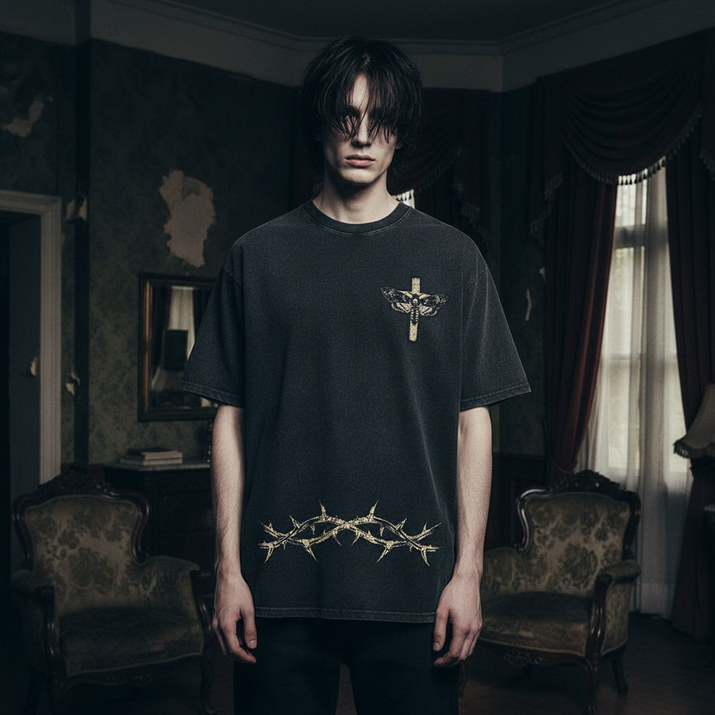 Memento Mori Skull Moth Cross Vintage Washed T-shirt | Gthic.com