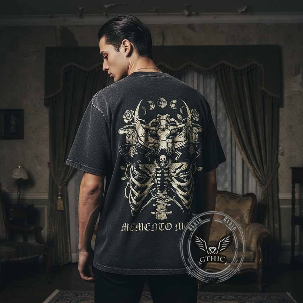 Memento Mori Skull Moth Cross Vintage Washed T-shirt | Gthic.com