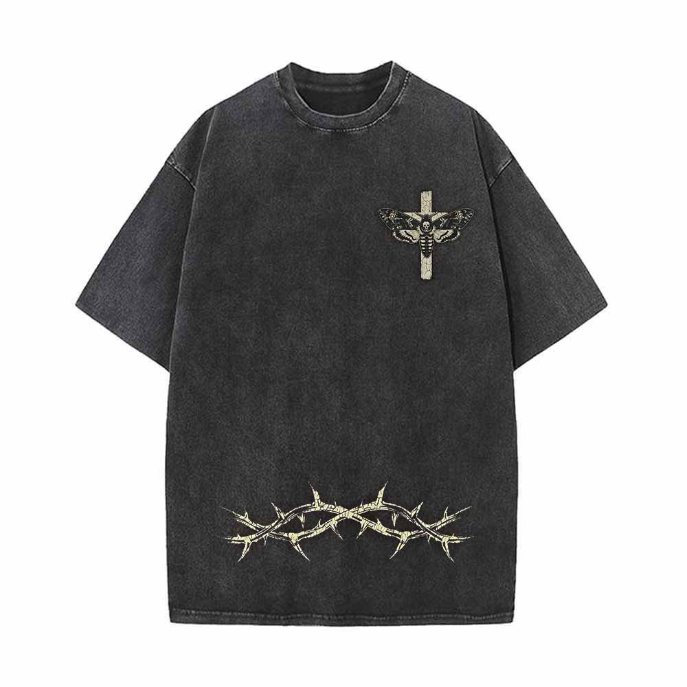 Memento Mori Skull Moth Cross Vintage Washed T-shirt