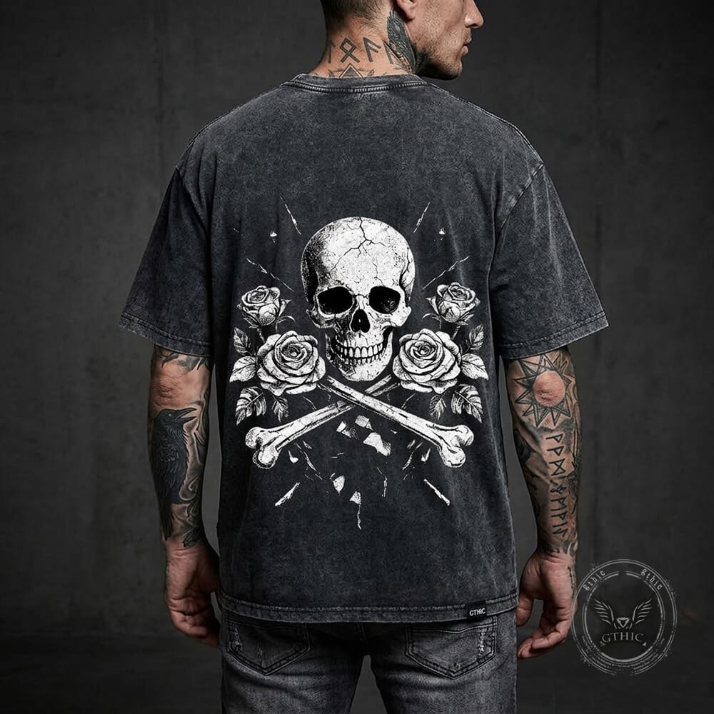 Memento Mori Skull Rose Gothic Vintage Washed T-shirt | Gthic.com