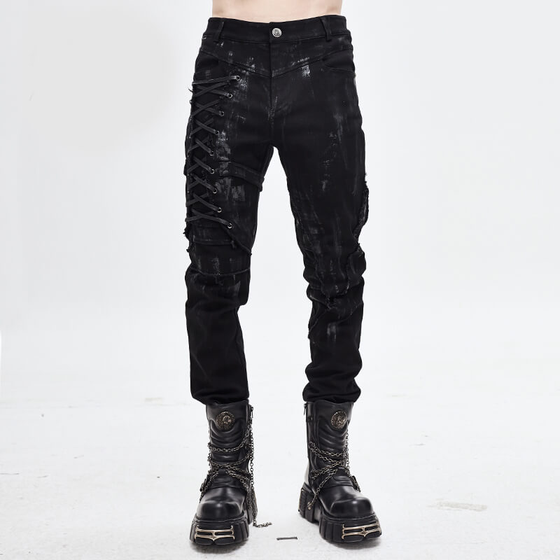 Men's Black Lace Up Slim Fit Pencil Pants | Gthic.com