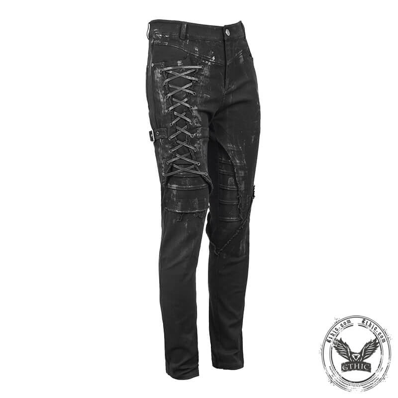 Men's Black Lace Up Slim Fit Pencil Pants