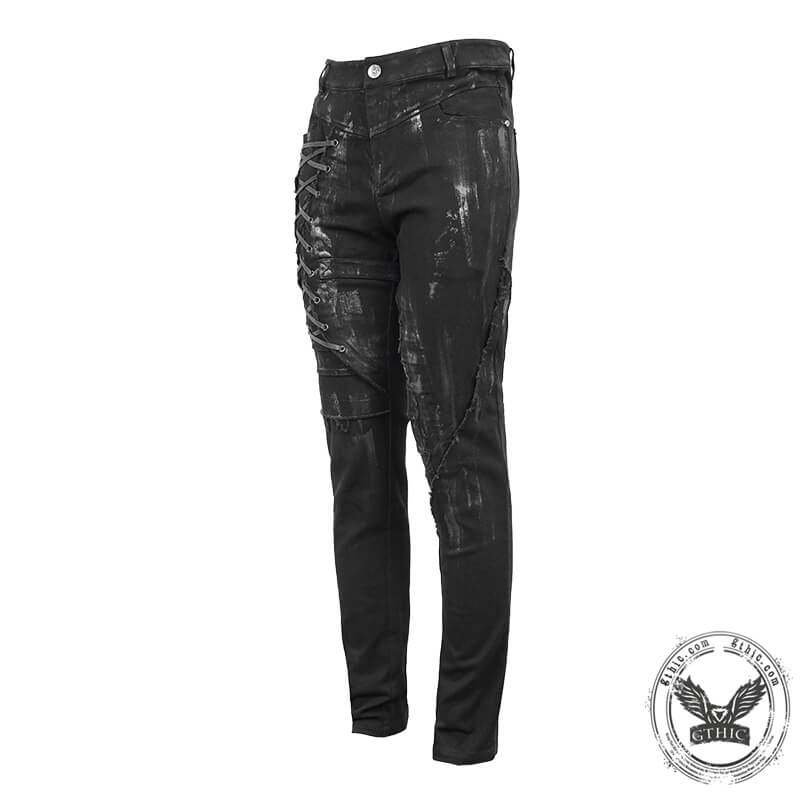 Men's Black Lace Up Slim Fit Pencil Pants
