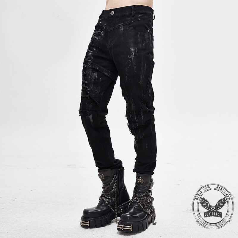 Men's Black Lace Up Slim Fit Pencil Pants | Gthic.com