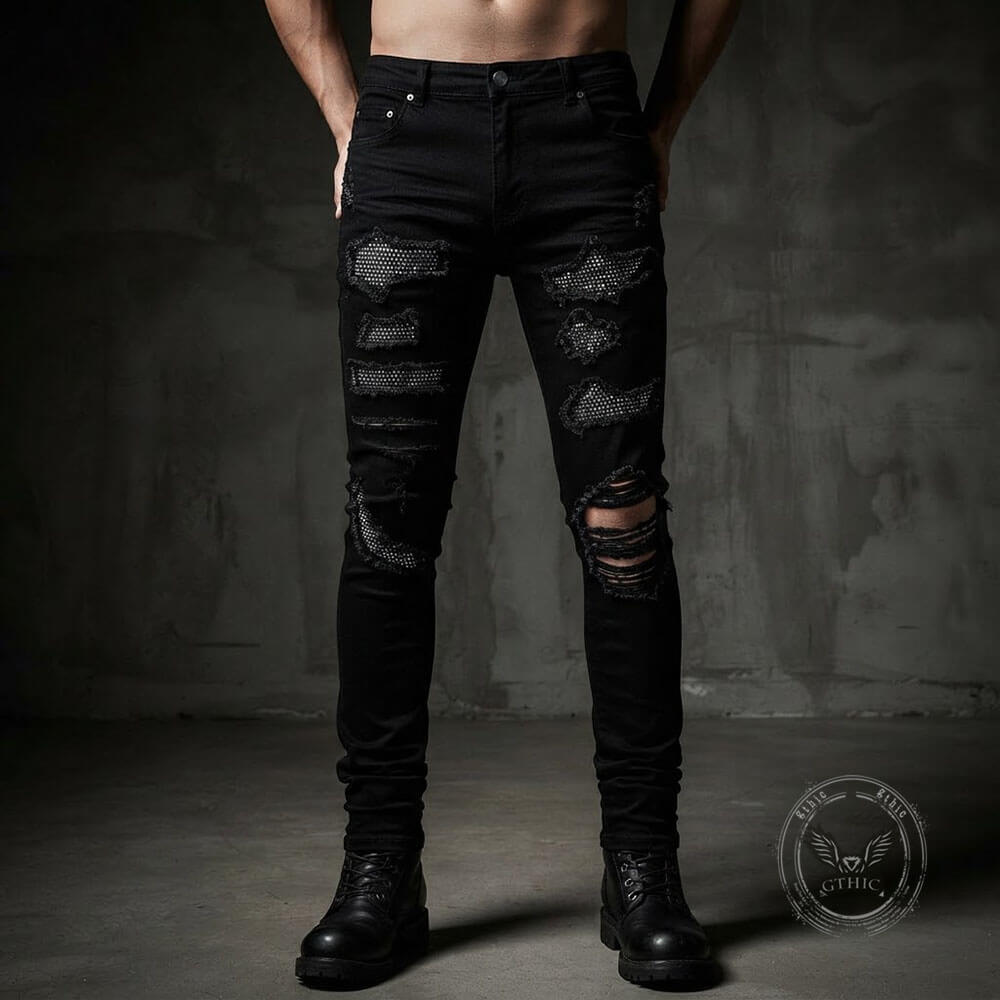 Men's Slim-Fit Ripped Rhinestone Skinny Jeans | Gthic.com