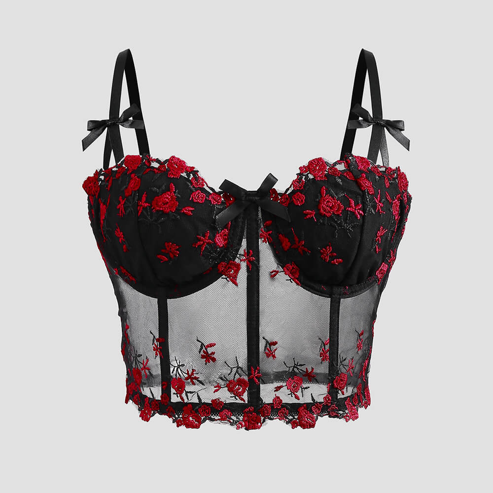 Mesh Floral Embroidered Bow See-Through Camisole 01 | Gthic.com