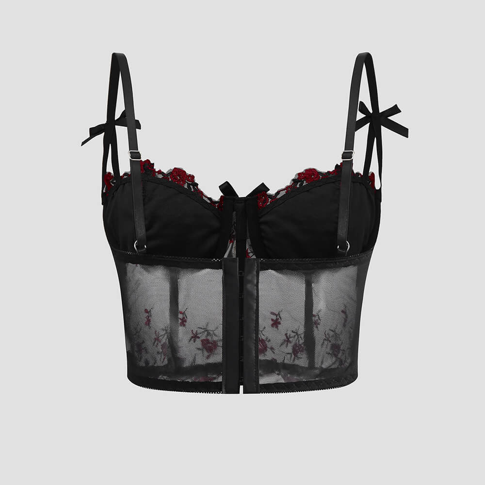 Mesh Floral Embroidered Bow See-Through Camisole 02 | Gthic.com