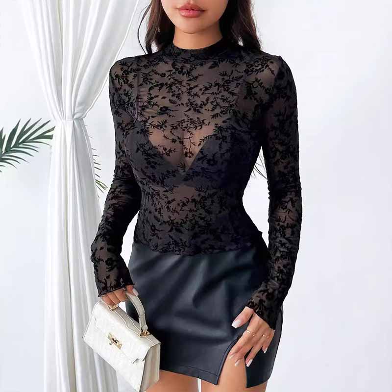 Mesh See-Through Flocking Print Sexy Long Sleeve Top 03 | Gthic.com