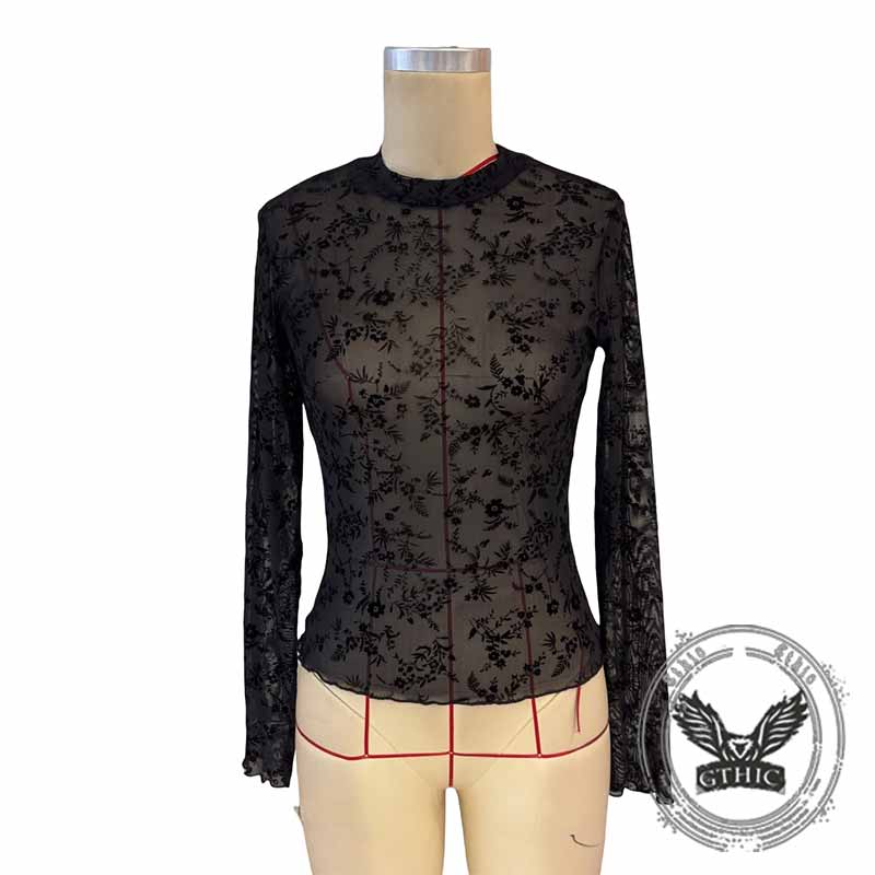 Mesh See-Through Flocking Print Sexy Long Sleeve Top