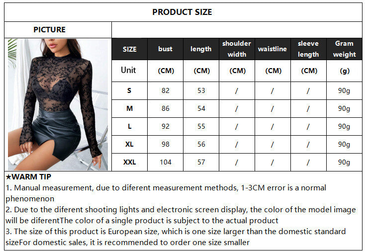 Mesh See-Through Flocking Print Sexy Long Sleeve Top