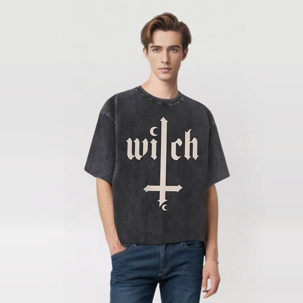 Witch Cross Moon Print Washed T-shirt