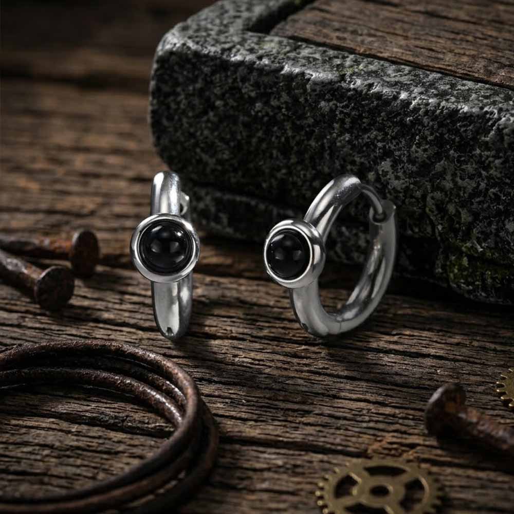 Minimalist Black Agate Stainless Steel Hoop Earrings | Gthic.com