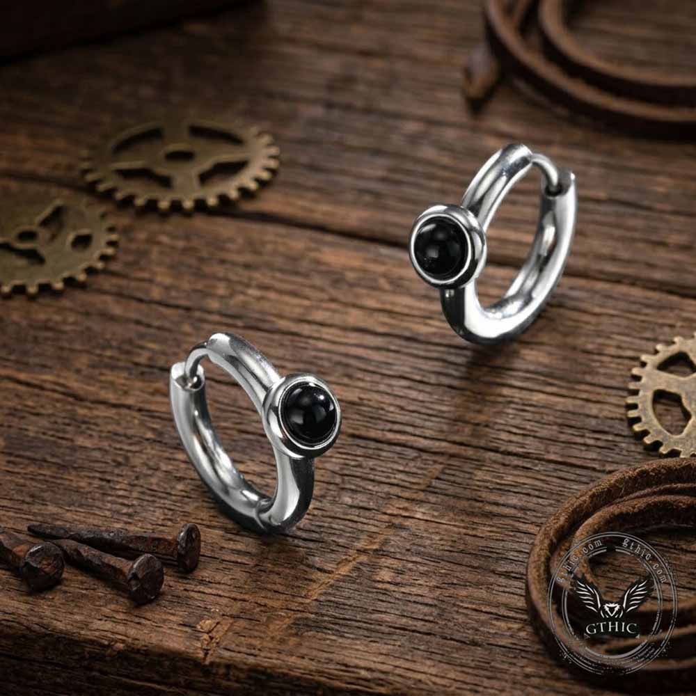 Minimalist Black Agate Stainless Steel Hoop Earrings | Gthic.com