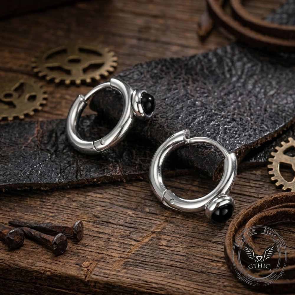 Minimalist Black Agate Stainless Steel Hoop Earrings