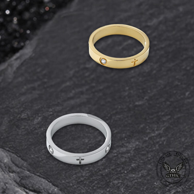 Minimalist Cross Inlaid Zircon Stainless Steel Band Ring | Gthic.com
