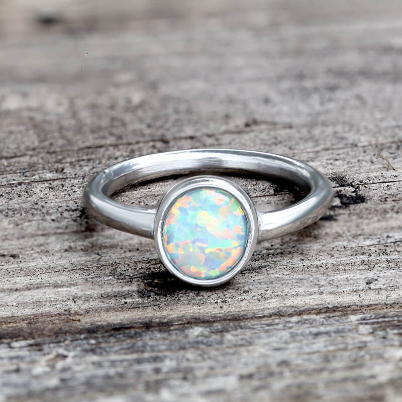 Minimalist Round Opal Stainless Steel Gemstone Ring | Gthic.com