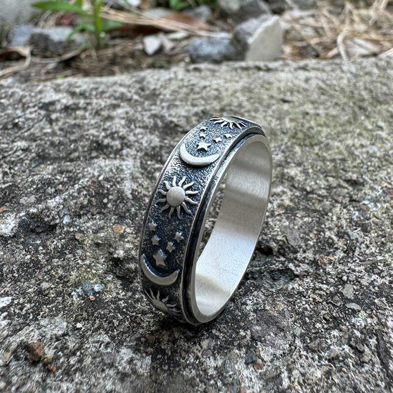 Moon Star Sun Sterling Silver Spinner Ring | Gthic.com