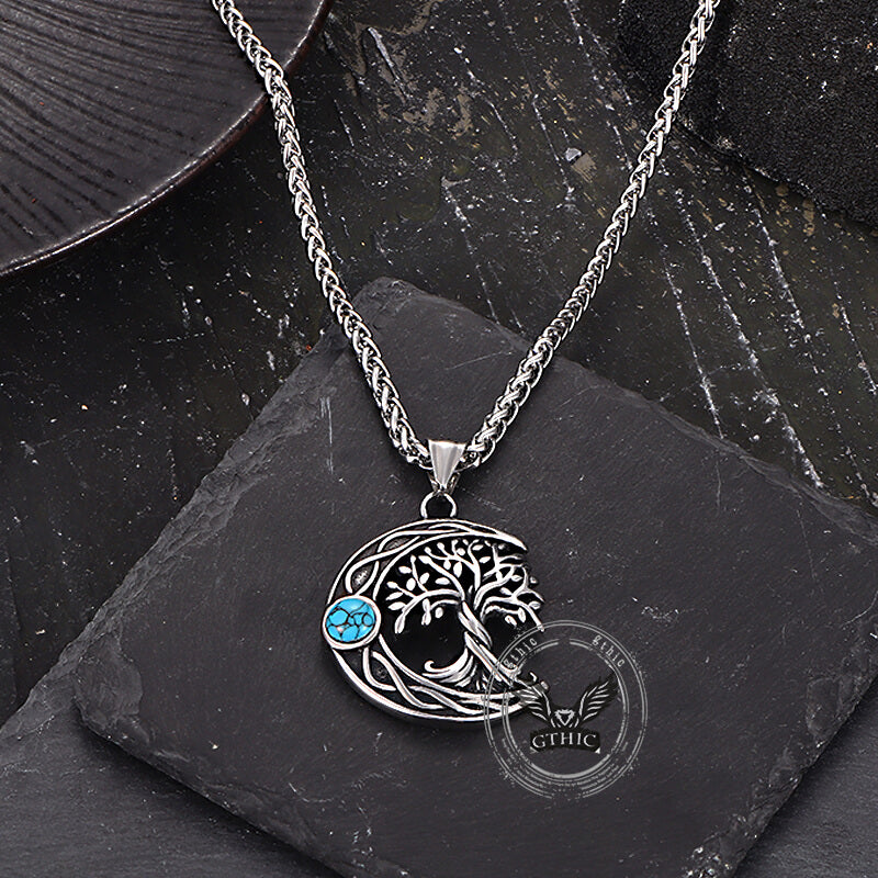 Moon Tree of Life Turquoise Stainless Steel Pendant