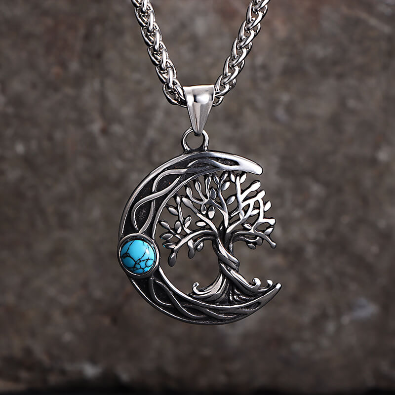 Moon Tree of Life Turquoise Stainless Steel Pendant