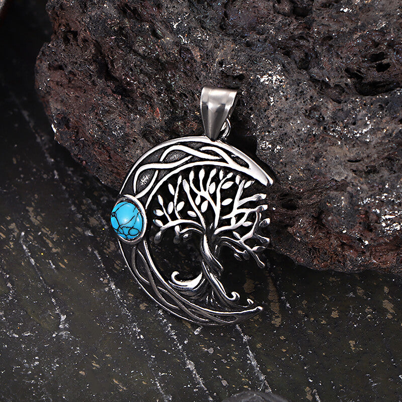 Moon Tree of Life Turquoise Stainless Steel Pendant