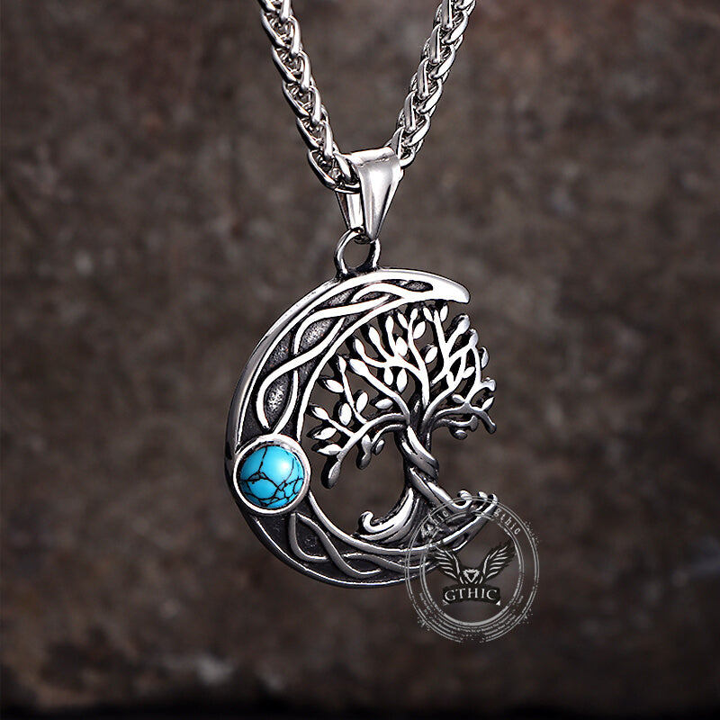 Moon Tree of Life Turquoise Stainless Steel Pendant